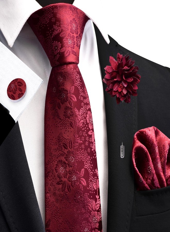 GUSLESON Burgundy Tie for Men Solid Silk Floral Wedding Necktie Pocket Square Cufflinks and Lapel Pin Brooch Set (6107-05) - Image 2