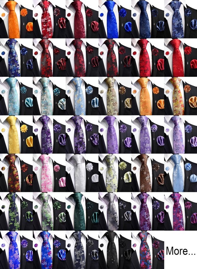 GUSLESON Burgundy Tie for Men Solid Silk Floral Wedding Necktie Pocket Square Cufflinks and Lapel Pin Brooch Set (6107-05) - Image 5