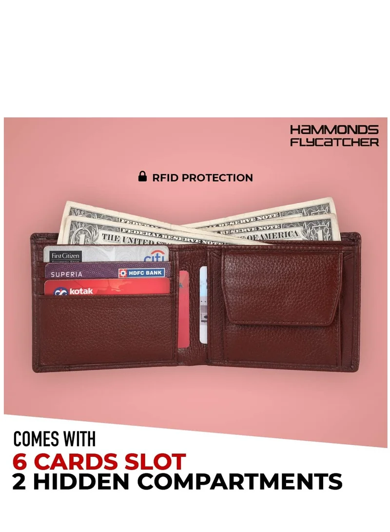 Hammonds Flycatcher  RFID Protected Brown NDM Leather Wallet for Men|6 Card Slots| 1 Coin Pocket|2 Hidden Compartment|2 Currency Slots|1 ID Slot  | Best Price UAE