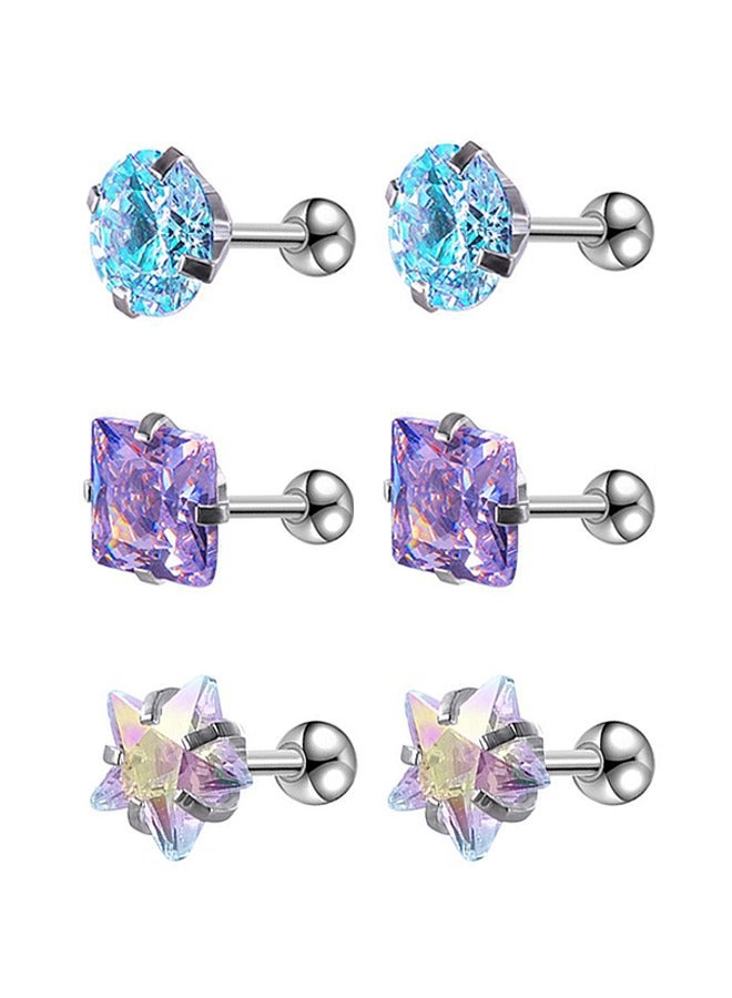 بيوند مجموعة من 3 أزواج من الأقراط المرصعة بالألماس مقاس 6 مم للنساء، أقراط بمشبك لولبي مضاد للصدأ والبهتان ومضاد للحساسية، هدية مجوهرات عصرية (ملونة) - Image 1