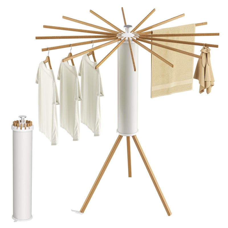 SUNOUTLY Tripod Clothes Drying Rack, Garment Rack Portable and Foldable Space Saving Laundry Drying Rack - Dryer Rack Clothing Floor Folding Balcony Bedroom Household (Beige(Wood), 16 rods) - Image 1