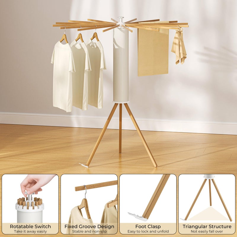 SUNOUTLY Tripod Clothes Drying Rack, Garment Rack Portable and Foldable Space Saving Laundry Drying Rack - Dryer Rack Clothing Floor Folding Balcony Bedroom Household (Beige(Wood), 16 rods) - Image 4