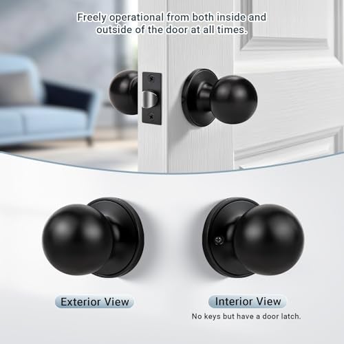 KNOBWELL Matte Black Closet Door Knob, Interior Door Knobs with Round Ball Knob for Passage Hallway, Keyless Non-Locking Indoor Door Knobset, 2 Pack - Image 3