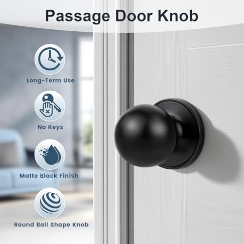 KNOBWELL Matte Black Closet Door Knob, Interior Door Knobs with Round Ball Knob for Passage Hallway, Keyless Non-Locking Indoor Door Knobset, 2 Pack - Image 2