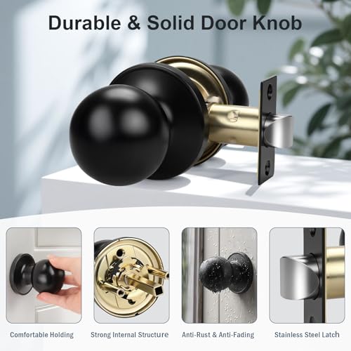 KNOBWELL Matte Black Closet Door Knob, Interior Door Knobs with Round Ball Knob for Passage Hallway, Keyless Non-Locking Indoor Door Knobset, 2 Pack - Image 5