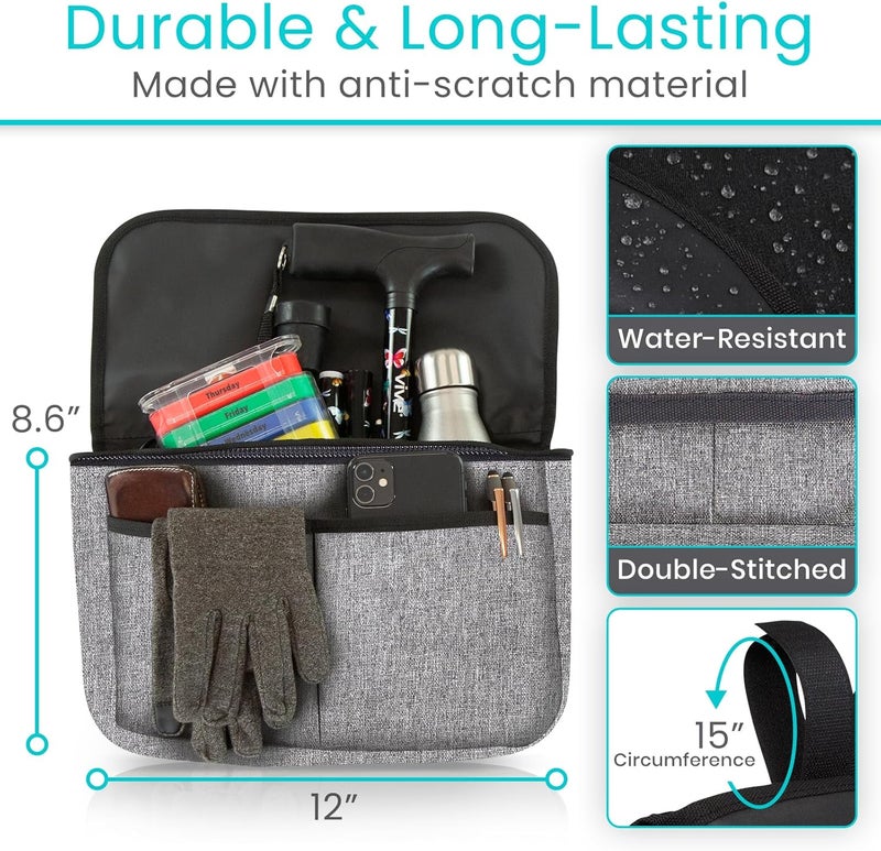 VIVE Wheelchair Carry Bag - Arm Rest Pouch for Rollator, Walkers, Power Wheel Chairs and Knee Scooters - Side Storage Organizer for Elderly, Seniors, Adults (Gray) - Image 4