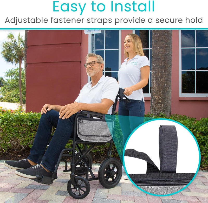 VIVE Wheelchair Carry Bag - Arm Rest Pouch for Rollator, Walkers, Power Wheel Chairs and Knee Scooters - Side Storage Organizer for Elderly, Seniors, Adults (Gray) - Image 5