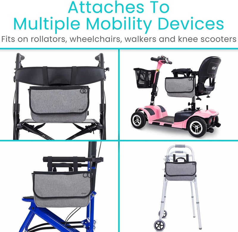 VIVE Wheelchair Carry Bag - Arm Rest Pouch for Rollator, Walkers, Power Wheel Chairs and Knee Scooters - Side Storage Organizer for Elderly, Seniors, Adults (Gray) - Image 3