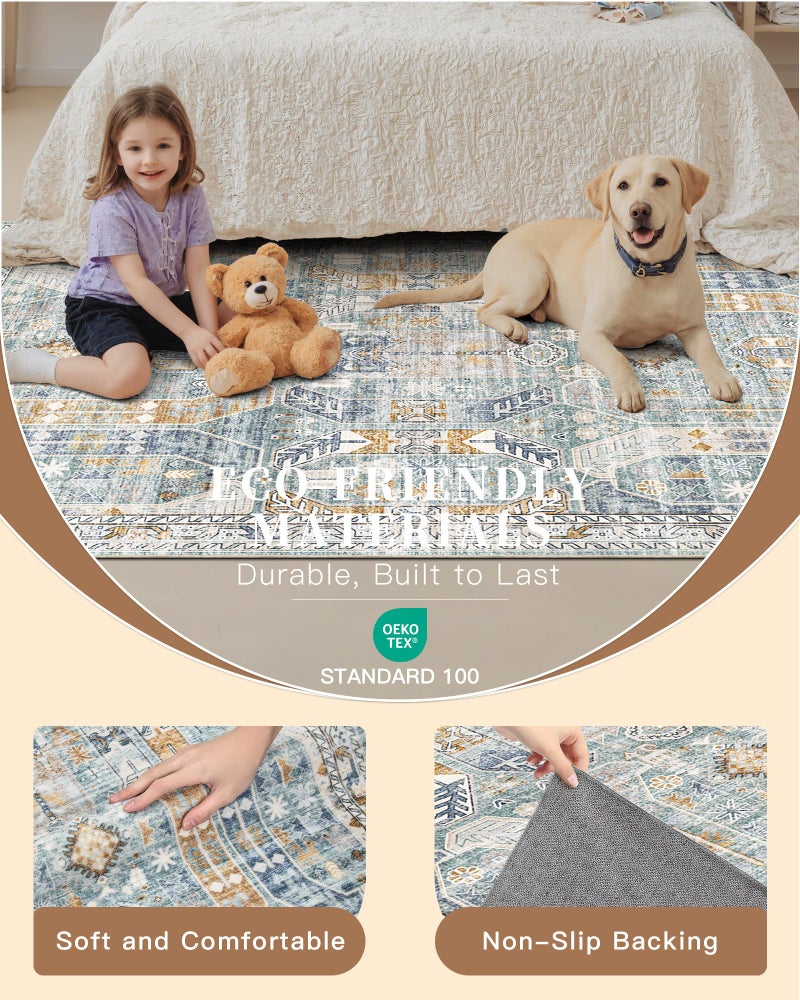 Madane Runner Rug 2x8, Washable Hallway Runner Rugs, Non-Slip Low-Pile Soft Kitchen Rug Runner Laundry Room Rug, Vintage Throw Entry Foyer Mat for Entrance Living Room (Blue/Gold, 2 x 8) - Image 5