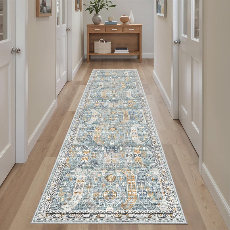 Madane Runner Rug 2x8, Washable Hallway Runner Rugs, Non-Slip Low-Pile Soft Kitchen Rug Runner Laundry Room Rug, Vintage Throw Entry Foyer Mat for Entrance Living Room (Blue/Gold, 2 x 8) - Image 1