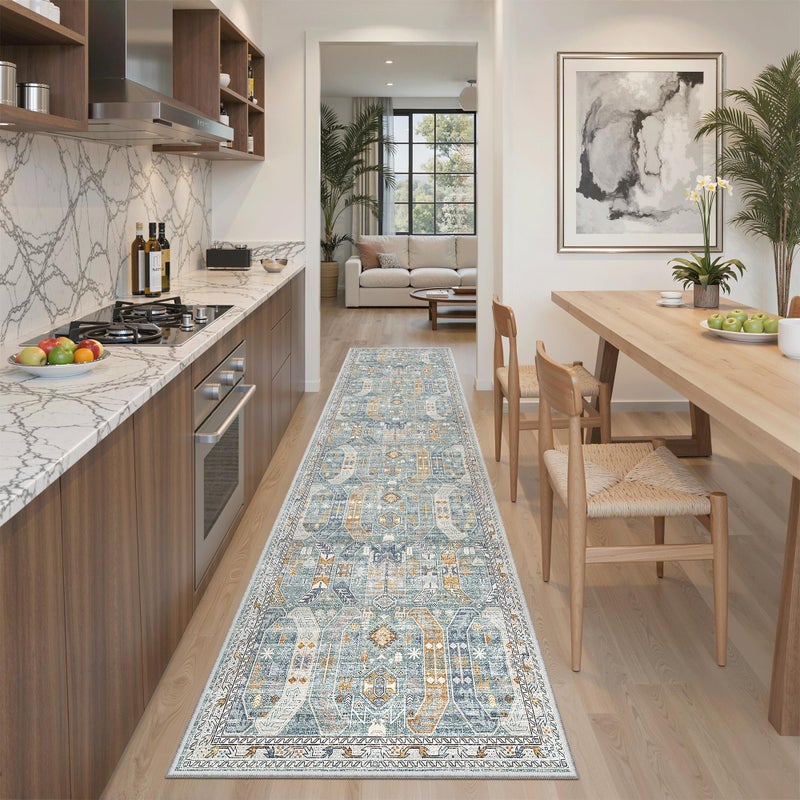 Madane Runner Rug 2x8, Washable Hallway Runner Rugs, Non-Slip Low-Pile Soft Kitchen Rug Runner Laundry Room Rug, Vintage Throw Entry Foyer Mat for Entrance Living Room (Blue/Gold, 2 x 8) - Image 2