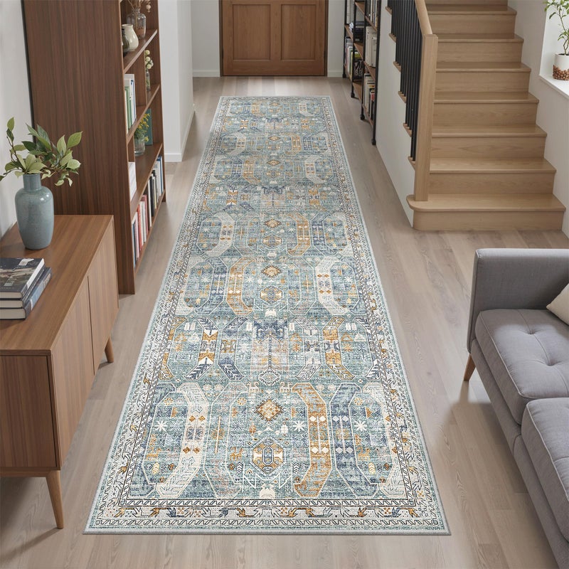 Madane Runner Rug 2x8, Washable Hallway Runner Rugs, Non-Slip Low-Pile Soft Kitchen Rug Runner Laundry Room Rug, Vintage Throw Entry Foyer Mat for Entrance Living Room (Blue/Gold, 2 x 8) - Image 3