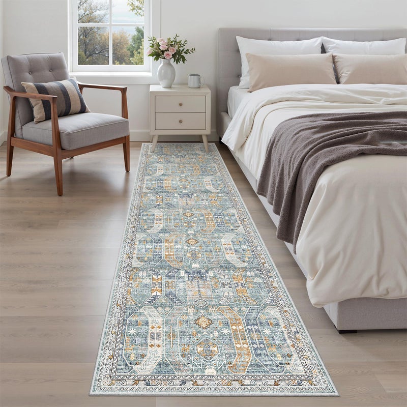 Madane Runner Rug 2x8, Washable Hallway Runner Rugs, Non-Slip Low-Pile Soft Kitchen Rug Runner Laundry Room Rug, Vintage Throw Entry Foyer Mat for Entrance Living Room (Blue/Gold, 2 x 8) - Image 4