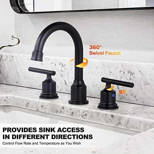WOWOW 2 Handle Bathroom Faucet Matte Black Bathroom Sink Faucet Widespread Faucet with Pop Up Drain Brass Bathroom Faucet 3 Hole Vanity Faucet 8 Inch Basin Faucet - Image 5