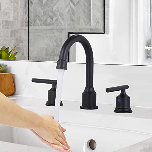 WOWOW 2 Handle Bathroom Faucet Matte Black Bathroom Sink Faucet Widespread Faucet with Pop Up Drain Brass Bathroom Faucet 3 Hole Vanity Faucet 8 Inch Basin Faucet - Image 2