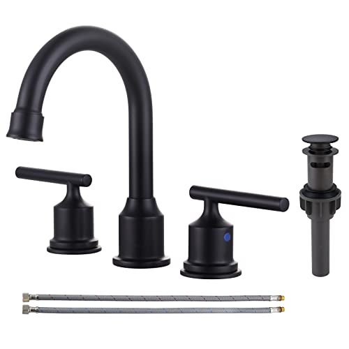 WOWOW 2 Handle Bathroom Faucet Matte Black Bathroom Sink Faucet Widespread Faucet with Pop Up Drain Brass Bathroom Faucet 3 Hole Vanity Faucet 8 Inch Basin Faucet - Image 1