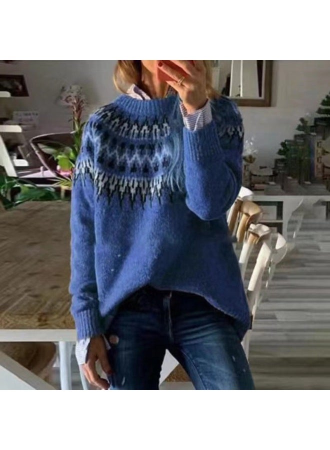 European And American Women's Clothing Hot Round-neck Long-sleeved Color-blocked Loose Casual Fashion over Sweater Women's Knitwear