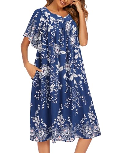 Ekouaer Womens Nightgown Short Sleeve House Dress with Pockets-Floral Print Mumu Dress Evening Blue Vines, X-Large - Image 3