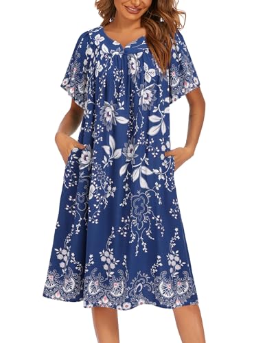Ekouaer Womens Nightgown Short Sleeve House Dress with Pockets-Floral Print Mumu Dress Evening Blue Vines, X-Large - Image 1