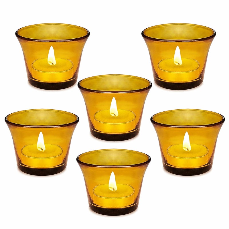 Pure Source India Glass Votive Tealight Candle Holders - Living Room Side Table Home Decoration (Glass, Pack of 6, Yellow) - Image 1