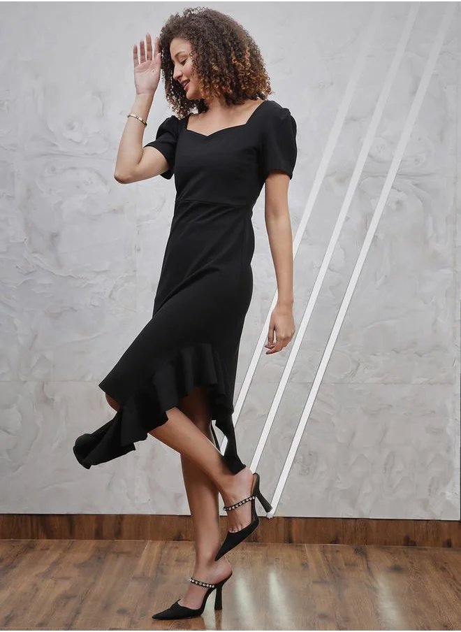 Athena Asymmetrical Hem Sweetheart Neck Midi Dress with Ruffles by Styli