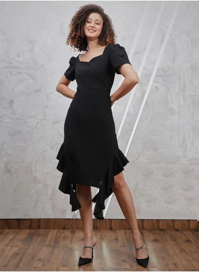 Athena Asymmetrical Hem Sweetheart Neck Midi Dress with Ruffles by Styli