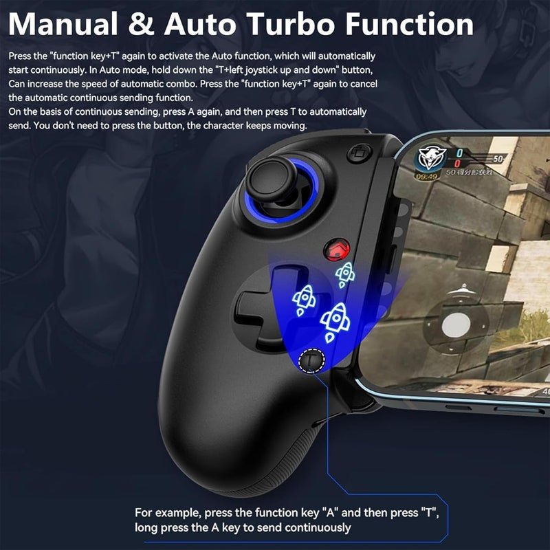 Mobile Game Controller for iPhone/iPad/Android/Tablet/Switch /PS3/PS4/PC, Replacement for PS Portal, Wireless Gamepad with Hall Effect Joystick & Trigger/Back Key/Turbo/Support Streaming/Cloud Gaming - Image 3