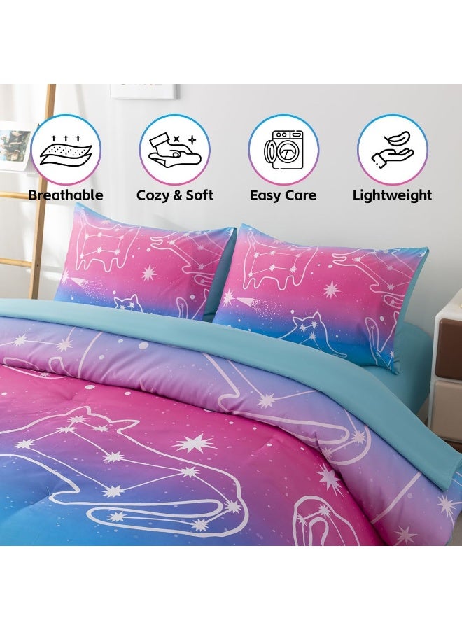 Podol 5 Pieces Gradient Cat Glitter Bedding Set for Girl Pink Blue Ombre Comforter Set Full Size Ultra Soft Bed in A Bag - Image 2