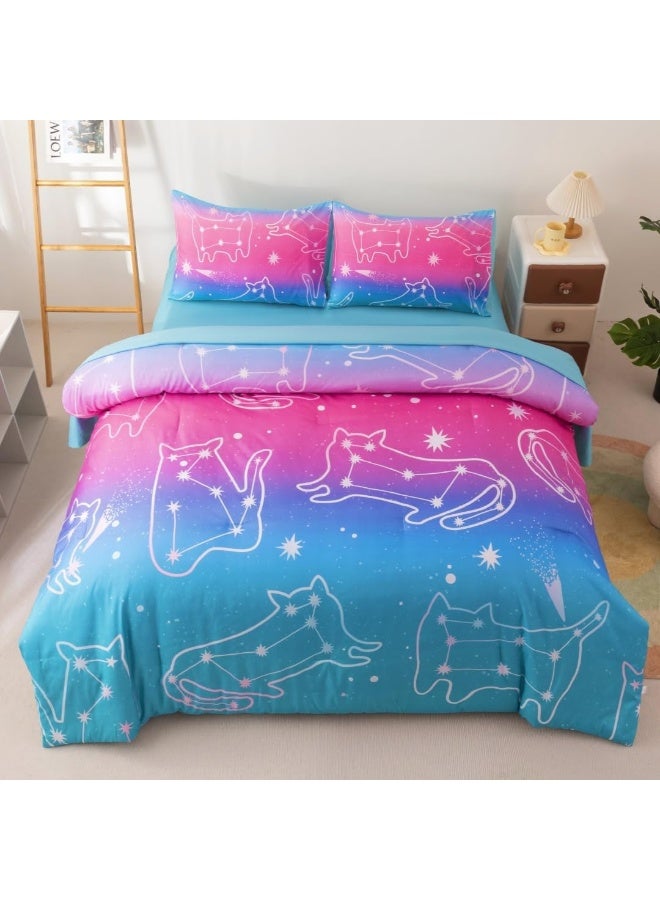 Podol 5 Pieces Gradient Cat Glitter Bedding Set for Girl Pink Blue Ombre Comforter Set Full Size Ultra Soft Bed in A Bag - Image 1