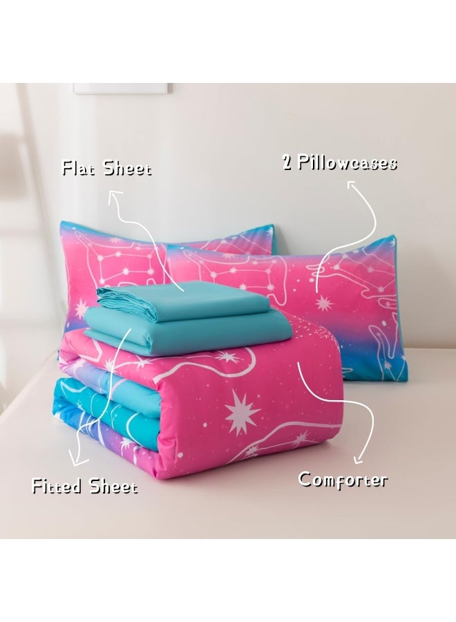 Podol 5 Pieces Gradient Cat Glitter Bedding Set for Girl Pink Blue Ombre Comforter Set Full Size Ultra Soft Bed in A Bag - Image 5