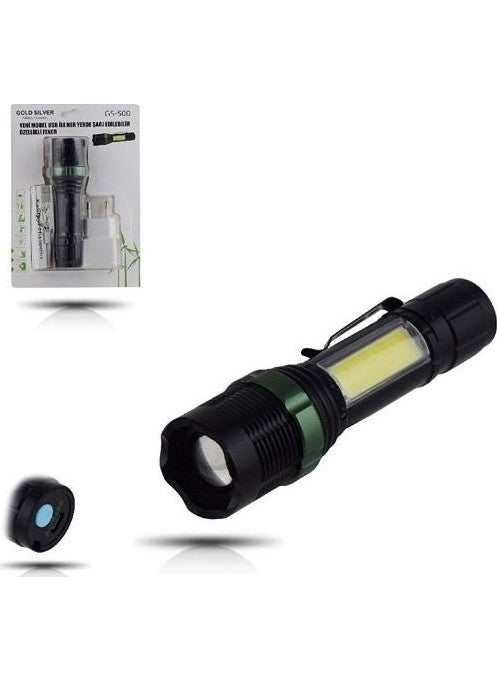 Gold Silver GS-500 USB Rechargeable T6 LED Flashlight  - Image 1