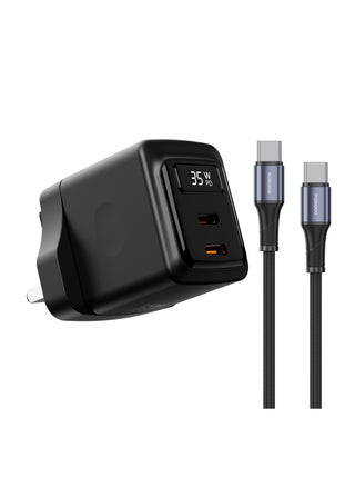 Black - 35W GaN Dual USB-C Ports Wall Charger with Type-C Cable