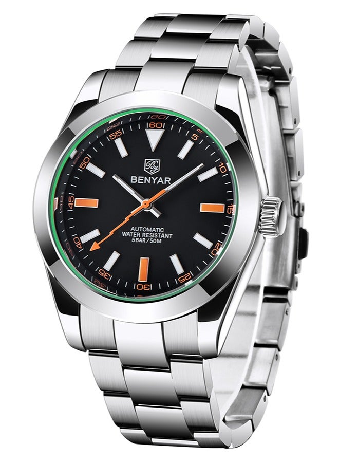 Men's Automatic Watch, Classic Casual Wrist Watch, Stainless Steel Strap, Imported Movement, 50M Waterproof, Premium Business Wristwatch, BY-5176M Silver Black