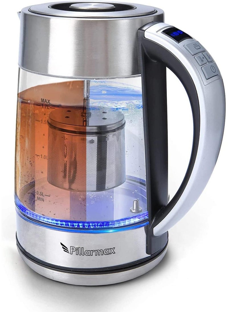 Pillarmax Electric Glass Kettle Temperature Controls with Removable Infuser 1.7 Liters 2200 W. Tea Maker Brewing Programs. Stainless Steel Glass Boiler, BPA-FREE - Image 1