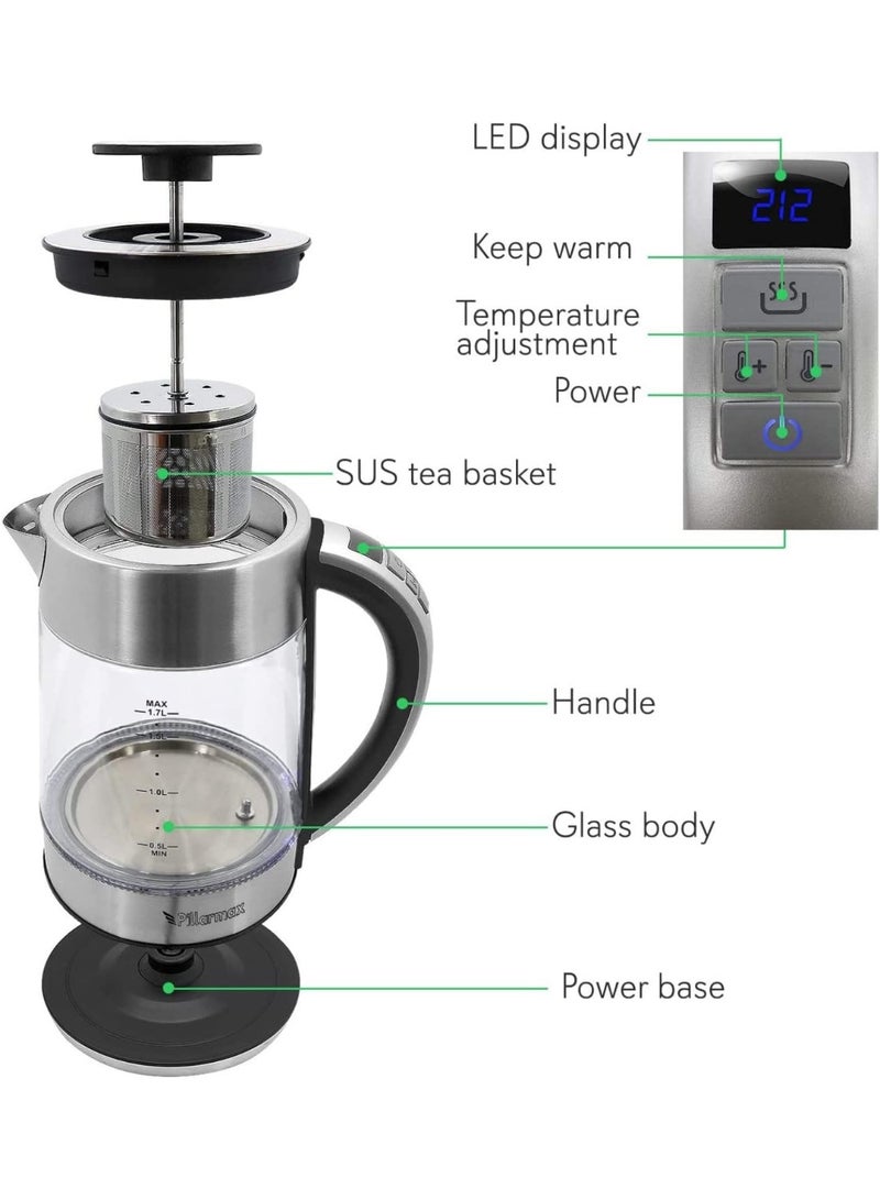 Pillarmax Electric Glass Kettle Temperature Controls with Removable Infuser 1.7 Liters 2200 W. Tea Maker Brewing Programs. Stainless Steel Glass Boiler, BPA-FREE - Image 4