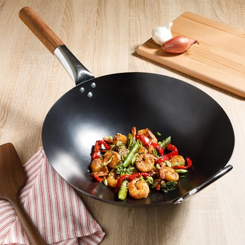 SUR LA TABLE Kitchen Essentials Quick Fire 13.5" Carbon Steel Flat Bottom Wok – Durable Nonstick Stir Fry Pan - Image 4