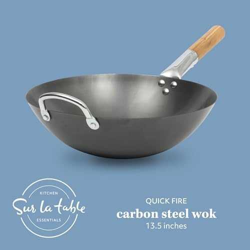 SUR LA TABLE Kitchen Essentials Quick Fire 13.5" Carbon Steel Flat Bottom Wok – Durable Nonstick Stir Fry Pan - Image 2