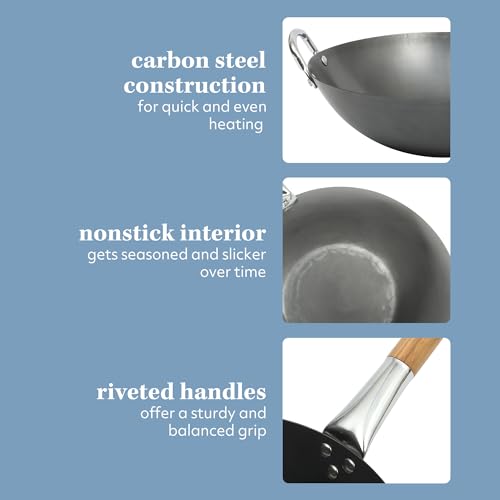 SUR LA TABLE Kitchen Essentials Quick Fire 13.5" Carbon Steel Flat Bottom Wok – Durable Nonstick Stir Fry Pan - Image 5