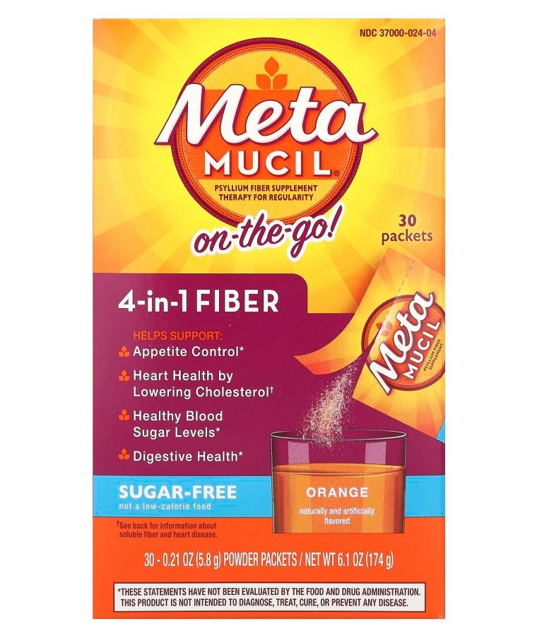 Metamucil On-The-Go 4-in-1 Fiber Orange Sugar Free 30 Powder Packets 0.21 oz (5.8 g) Each