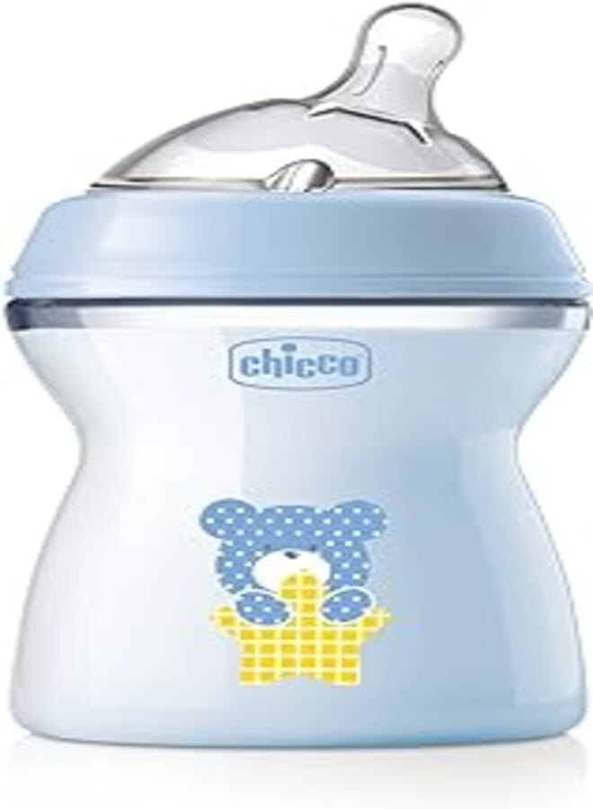 Chicco Natural Feeling Anti-Colic Bottle 2 Months + 250 ml, Soft and Flexible Silicone Teat Feeding Bottle Suitable for Mixed Breastfeeding Medium Flow Blue