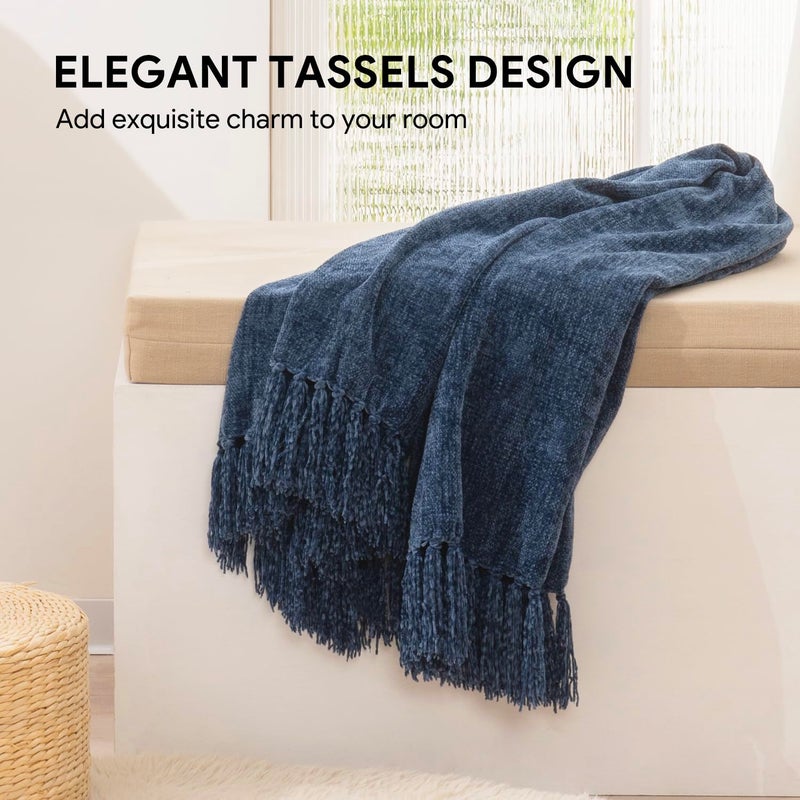 RECYCO Throw Blanket Soft Cozy Chenille Throw Blanket with Fringe Tassel for Couch Sofa Chair Bed Living Room Gift (Blue, 50'' x 60'') - Image 2