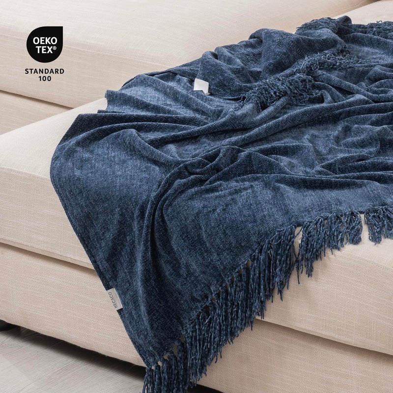 RECYCO Throw Blanket Soft Cozy Chenille Throw Blanket with Fringe Tassel for Couch Sofa Chair Bed Living Room Gift (Blue, 50'' x 60'') - Image 5