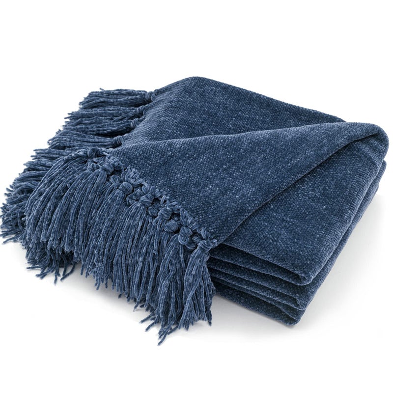 RECYCO Throw Blanket Soft Cozy Chenille Throw Blanket with Fringe Tassel for Couch Sofa Chair Bed Living Room Gift (Blue, 50'' x 60'') - Image 1
