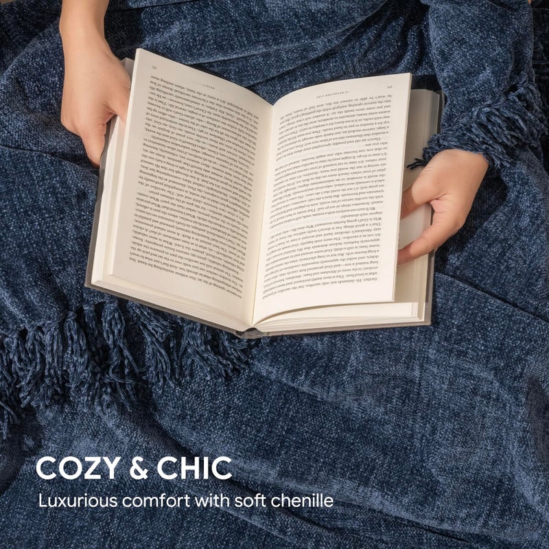 RECYCO Throw Blanket Soft Cozy Chenille Throw Blanket with Fringe Tassel for Couch Sofa Chair Bed Living Room Gift (Blue, 50'' x 60'') - Image 3