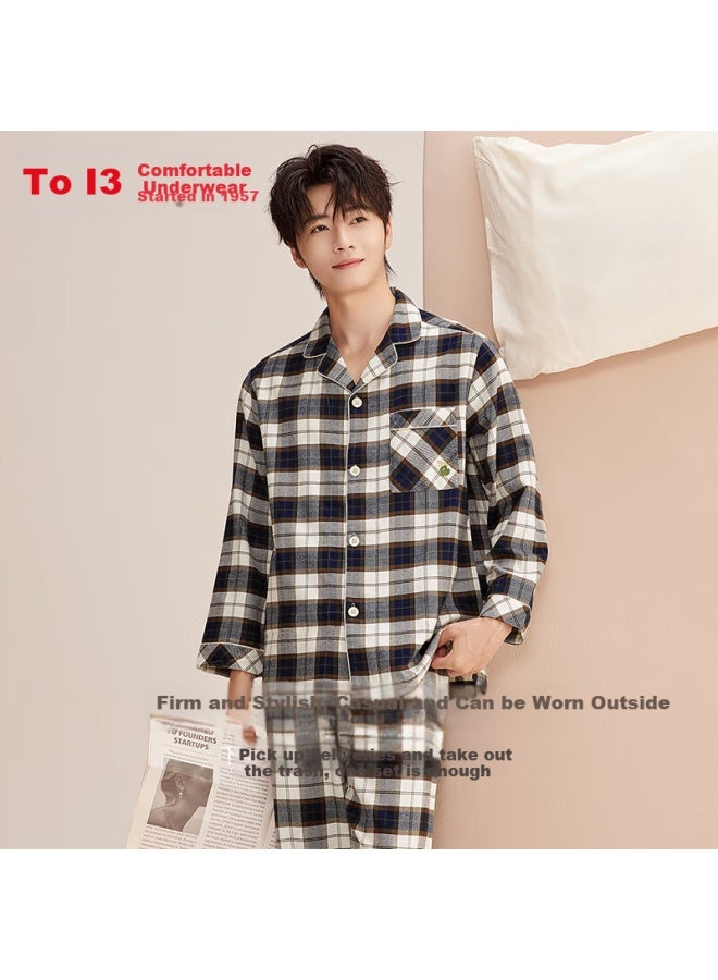 Hodo Men's Home Fleece, 100% Combed Cotton, Double-sided Brushed Woven Pure Cotton Plaid Couple Pajamas - Image 2