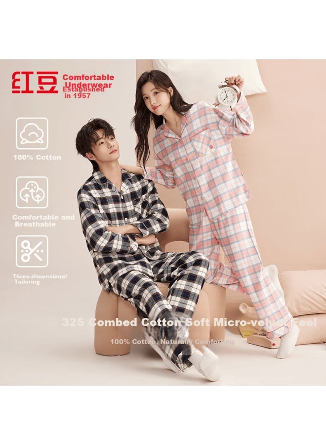 Hodo Men's Home Fleece, 100% Combed Cotton, Double-sided Brushed Woven Pure Cotton Plaid Couple Pajamas - Image 1