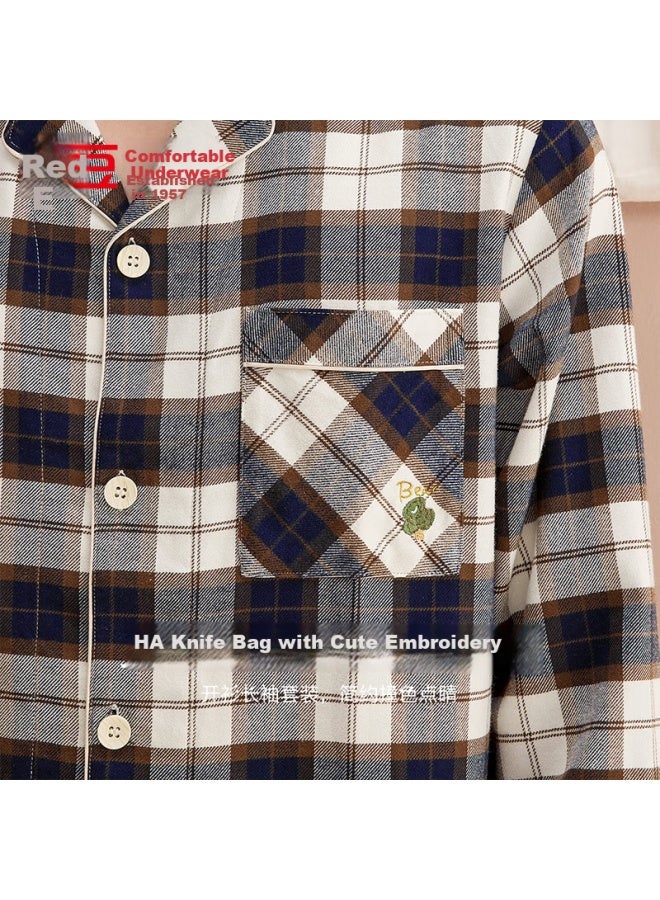 Hodo Men's Home Fleece, 100% Combed Cotton, Double-sided Brushed Woven Pure Cotton Plaid Couple Pajamas - Image 4