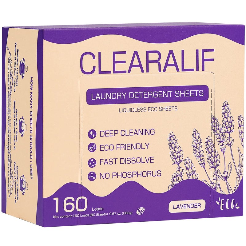 أوراق منظف الغسيل CLEARALIF 80 ورقة حتى 160 غسلة لافندر رائعة للشقق والسكن الجامعي صديقة للبيئة