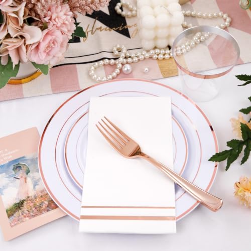 GATHER 350PCS Rose Gold Plastic Plates - Disposable Rose Gold Dinnerware Sets Includes 100 Gold Rimmed Plastic Plates, 150 Silverware, 50 Napkins, 50 Cups for Party, Wedding - Image 5