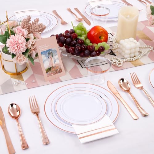 GATHER 350PCS Rose Gold Plastic Plates - Disposable Rose Gold Dinnerware Sets Includes 100 Gold Rimmed Plastic Plates, 150 Silverware, 50 Napkins, 50 Cups for Party, Wedding - Image 4